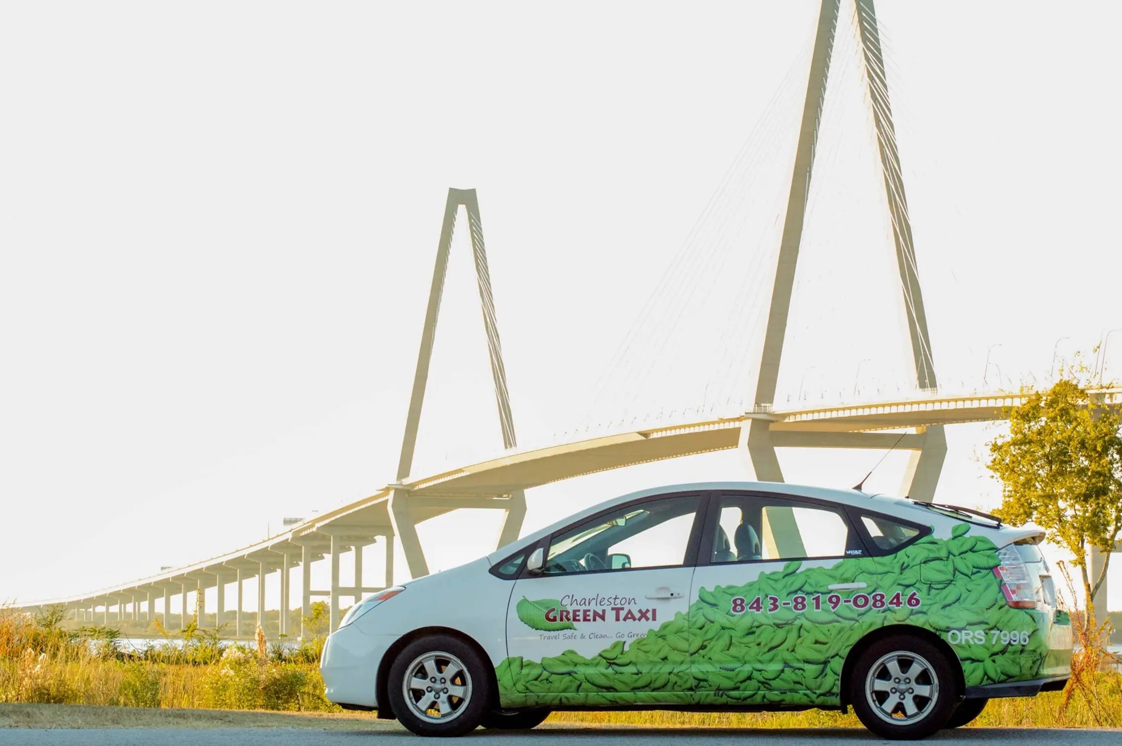 A leaf-wrapped Charleston Green Taxi Prius parked in front of the Ravenel Bridge